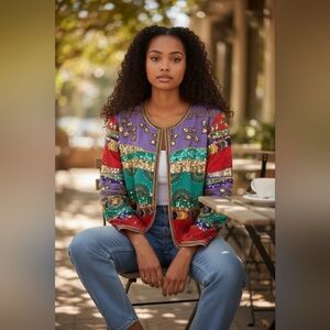 Vintage Purple Green and Red Floral Beaded Jacket | Tag Size XL | Circa 1980s-19